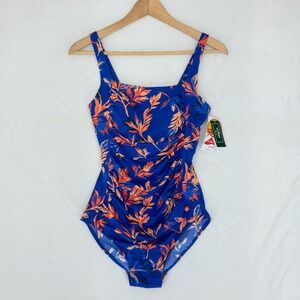 LL BeanSport One Piece Swimsuit Womens 8 Blue Tropical Square Neck Tanksuit New